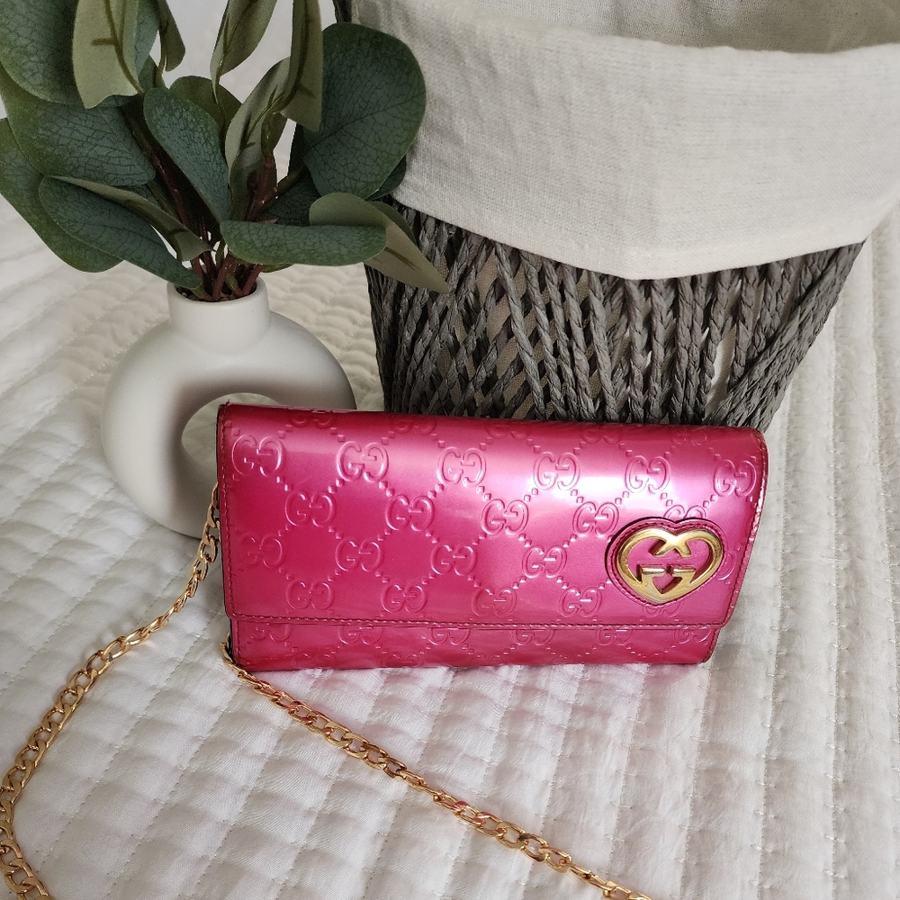 Gucci Long Wallet Fushia Pink Patent Leather Gold Hardwear Authentic